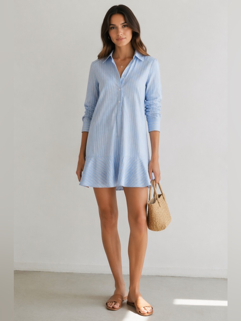 NWT Quince Women's 100% Organic Cotton Long Sleeve Peplum striped Dress Size XS